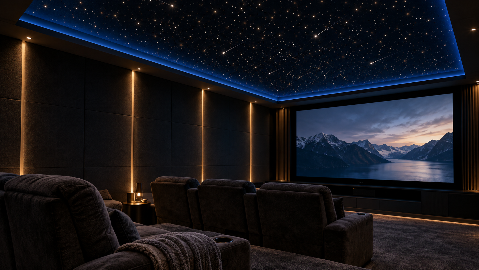 Dark cinema room under a blue fibre-optic sky